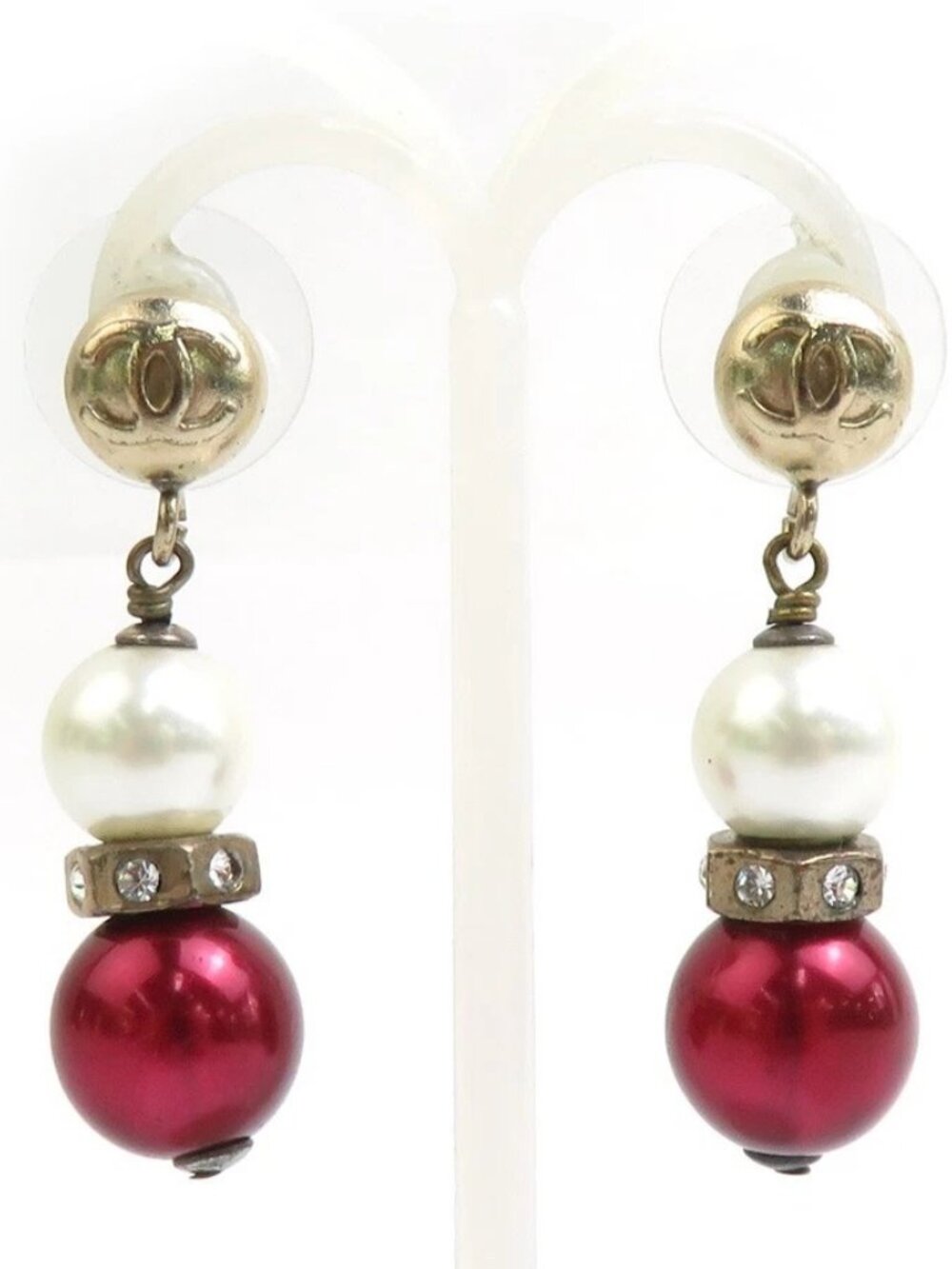 CHANEL CC Logo Pierce Earrings Gold/Off White/Burgundy Metal -